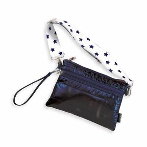 Star-Print Strap Navy Shiny Wristlet Clutch